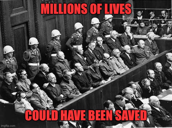 Nuremberg Trials | MILLIONS OF LIVES COULD HAVE BEEN SAVED | image tagged in nuremberg trials | made w/ Imgflip meme maker