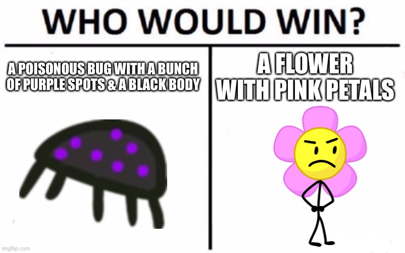 Who Would Win? | A POISONOUS BUG WITH A BUNCH OF PURPLE SPOTS & A BLACK BODY; A FLOWER WITH PINK PETALS | image tagged in memes,who would win | made w/ Imgflip meme maker
