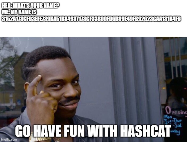 Go have fun with Hashcat | HER: WHAT'S YOUR NAME?
ME: MY NAME IS 3152A173CFD3EFE739BA51B84937173CF33800FD6D39E49FB92623CAA131B4F6; GO HAVE FUN WITH HASHCAT | image tagged in memes,roll safe think about it | made w/ Imgflip meme maker