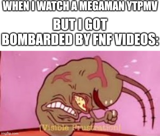 Im trying to watch some megaman YTPMVs | WHEN I WATCH A MEGAMAN YTPMV; BUT I GOT BOMBARDED BY FNF VIDEOS: | image tagged in visible frustration | made w/ Imgflip meme maker