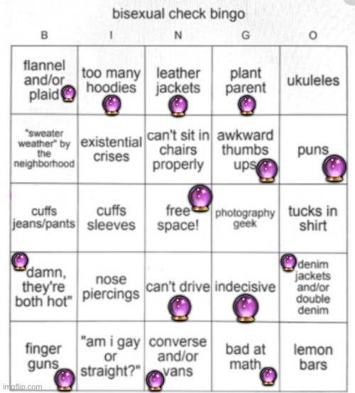 Bisexual check bingo (no bingo) | 🔮; 🔮; 🔮; 🔮; 🔮; 🔮; 🔮; 🔮; 🔮; 🔮; 🔮; 🔮; 🔮; 🔮 | image tagged in bisexual bingo,bingo,bi,bisexual,bisexual check,lgbtq | made w/ Imgflip meme maker