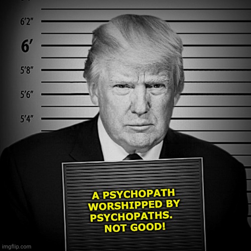 Psycho | A PSYCHOPATH
 WORSHIPPED BY 
PSYCHOPATHS.  
NOT GOOD! | image tagged in trump mugshot 4-4-2023 d-_-b template | made w/ Imgflip meme maker