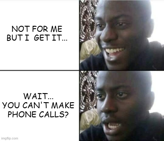 NOT FOR ME BUT I  GET IT... WAIT... YOU CAN'T MAKE PHONE CALLS? | image tagged in bruh- | made w/ Imgflip meme maker
