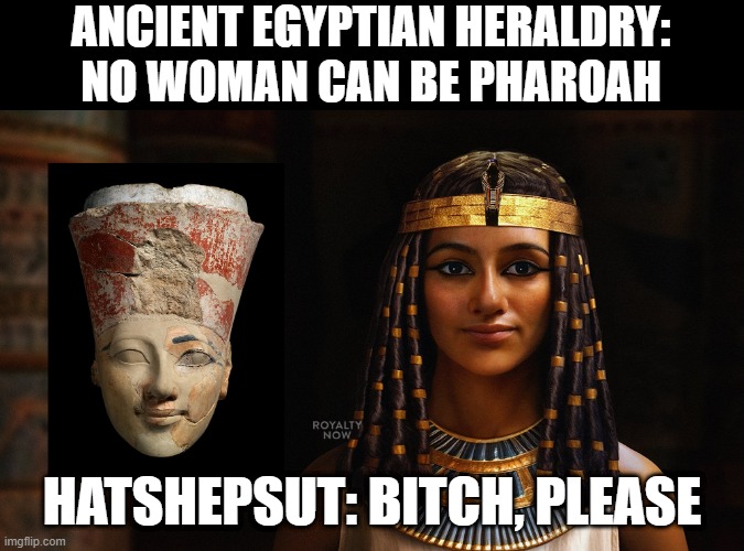 Female Pharoah | ANCIENT EGYPTIAN HERALDRY: NO WOMAN CAN BE PHAROAH; HATSHEPSUT: BITCH, PLEASE | image tagged in historical meme | made w/ Imgflip meme maker