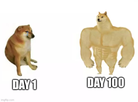 Typical “I survived 100 days as X in Hardcore Minecraft” thumbnail | DAY 100; DAY 1 | image tagged in buff doge vs cheems reversed | made w/ Imgflip meme maker