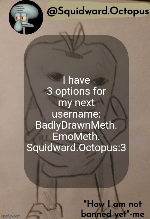 dingus | I have 3 options for my next username:
BadlyDrawnMeth.
EmoMeth.
Squidward.Octopus:3 | image tagged in dingus | made w/ Imgflip meme maker