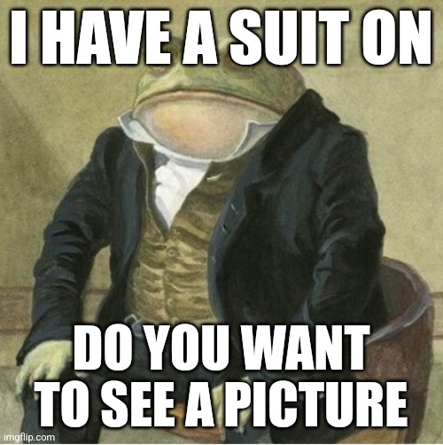 Formal frog | I HAVE A SUIT ON; DO YOU WANT TO SEE A PICTURE | image tagged in formal frog | made w/ Imgflip meme maker