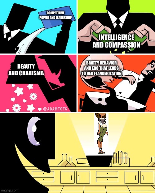 Sucks being courtney | COMPETITIVE POWER AND LEADERSHIP; INTELLIGENCE AND COMPASSION; BRATTY BEHAVIOR AND EGO THAT LEADS TO HER FLANDERIZATION; BEAUTY AND CHARISMA | image tagged in powerpuff girls creation with final result,total drama | made w/ Imgflip meme maker