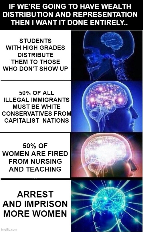 Expanding Brain | IF WE'RE GOING TO HAVE WEALTH DISTRIBUTION AND REPRESENTATION THEN I WANT IT DONE ENTIRELY.. STUDENTS WITH HIGH GRADES DISTRIBUTE THEM TO THOSE WHO DON'T SHOW UP; 50% OF ALL ILLEGAL IMMIGRANTS MUST BE WHITE CONSERVATIVES FROM CAPITALIST  NATIONS; 50% OF WOMEN ARE FIRED FROM NURSING AND TEACHING; ARREST AND IMPRISON MORE WOMEN | image tagged in memes,expanding brain | made w/ Imgflip meme maker