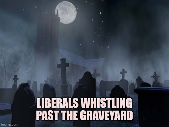 creepy graveyard | LIBERALS WHISTLING PAST THE GRAVEYARD | image tagged in creepy graveyard | made w/ Imgflip meme maker