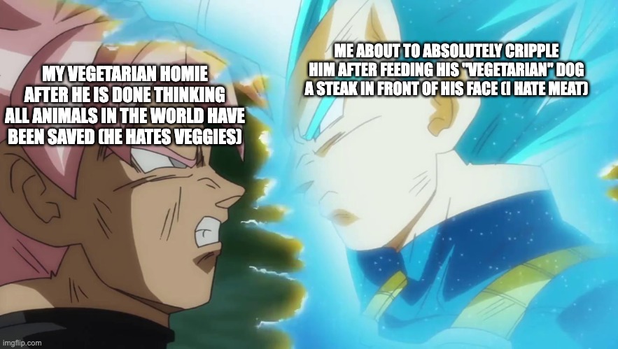 POV: homie 3's mom is a vegetarian (the rivalry continues) | ME ABOUT TO ABSOLUTELY CRIPPLE HIM AFTER FEEDING HIS "VEGETARIAN" DOG A STEAK IN FRONT OF HIS FACE (I HATE MEAT); MY VEGETARIAN HOMIE AFTER HE IS DONE THINKING ALL ANIMALS IN THE WORLD HAVE BEEN SAVED (HE HATES VEGGIES) | image tagged in vegeta and goku black db super | made w/ Imgflip meme maker