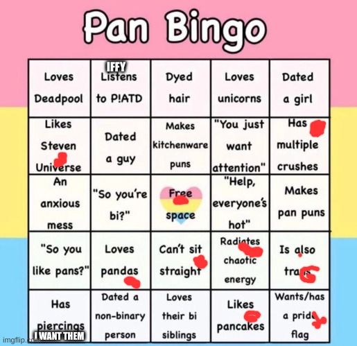 Pan Bingo | IFFY; I WANT THEM | image tagged in pan bingo | made w/ Imgflip meme maker