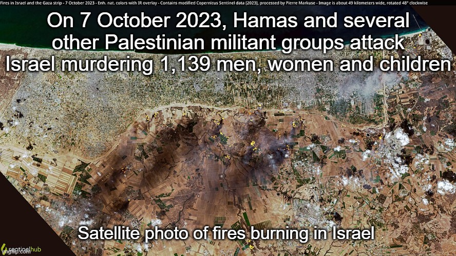 Israel burning on October 7th Hamas Terrorists | On 7 October 2023, Hamas and several other Palestinian militant groups attack Israel murdering 1,139 men, women and children; Satellite photo of fires burning in Israel | image tagged in israel burning on october 7th hamas terrorists | made w/ Imgflip meme maker