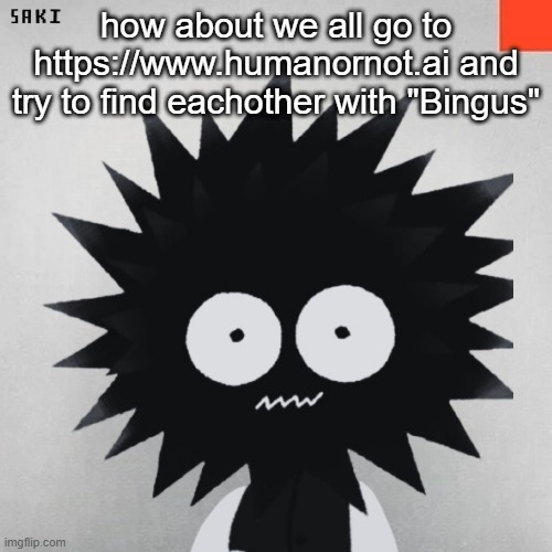 madsaki | how about we all go to https://www.humanornot.ai and try to find eachother with "Bingus" | image tagged in madsaki | made w/ Imgflip meme maker