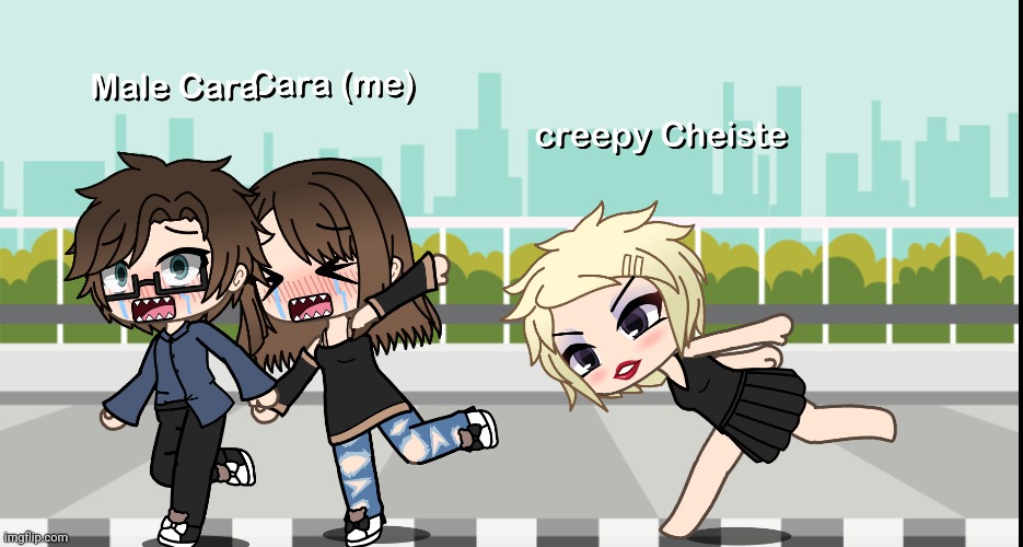 The creepy Cheistefrau is chasing Male Cara and Cara because she is a stalker. | image tagged in pop up school 2,pus2,male cara,cara,cheistefrau | made w/ Imgflip meme maker