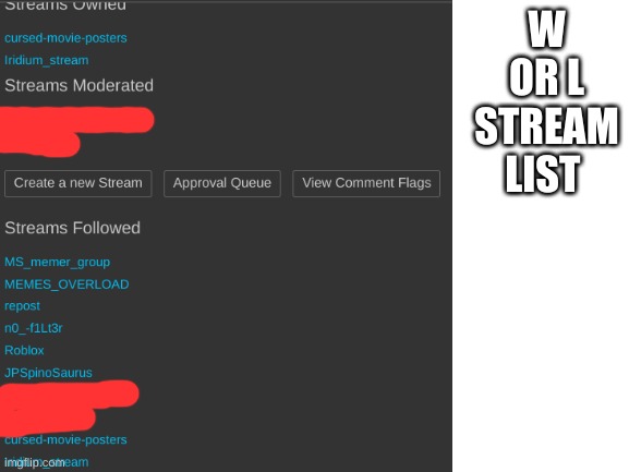the blocked out ones are private streams that I was told not to share to anyone | W OR L STREAM LIST | image tagged in blank white template | made w/ Imgflip meme maker