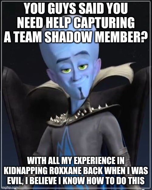 Megamind | YOU GUYS SAID YOU NEED HELP CAPTURING A TEAM SHADOW MEMBER? WITH ALL MY EXPERIENCE IN KIDNAPPING ROXXANE BACK WHEN I WAS EVIL, I BELIEVE I K | image tagged in megamind | made w/ Imgflip meme maker