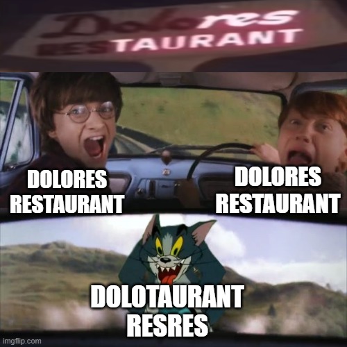 Tom chasing Harry and Ron Weasly | DOLORES RESTAURANT; DOLORES RESTAURANT; DOLOTAURANT RESRES | image tagged in tom chasing harry and ron weasly | made w/ Imgflip meme maker