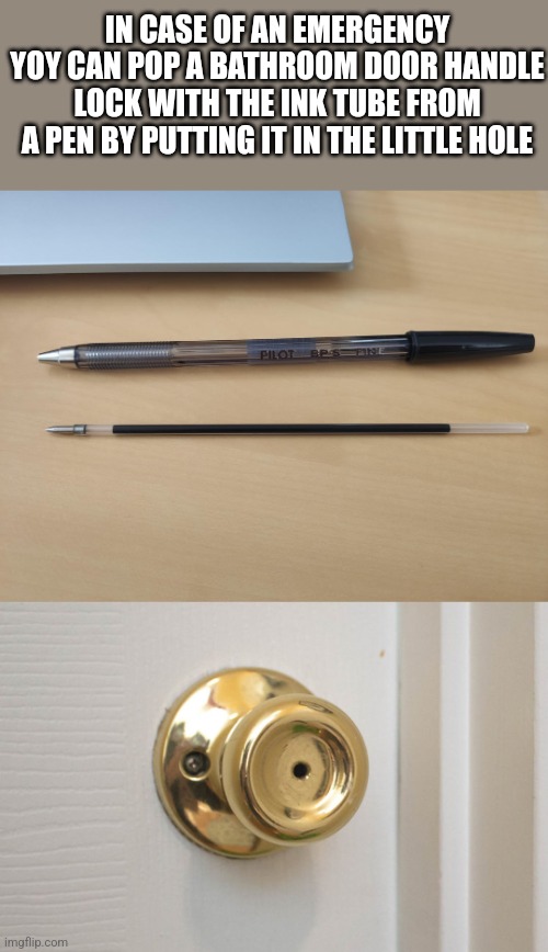 IN CASE OF AN EMERGENCY YOY CAN POP A BATHROOM DOOR HANDLE LOCK WITH THE INK TUBE FROM A PEN BY PUTTING IT IN THE LITTLE HOLE | image tagged in funny memes | made w/ Imgflip meme maker