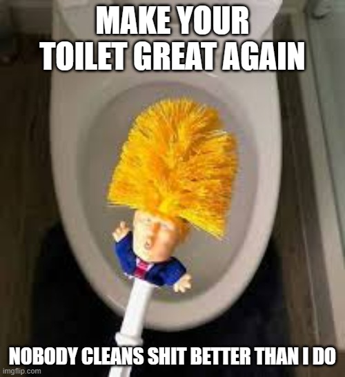 memes by Brad - Trump toilet brush - humor | MAKE YOUR TOILET GREAT AGAIN; NOBODY CLEANS SHIT BETTER THAN I DO | image tagged in funny,fun,donald trump,toilet humor,funny meme,humor | made w/ Imgflip meme maker