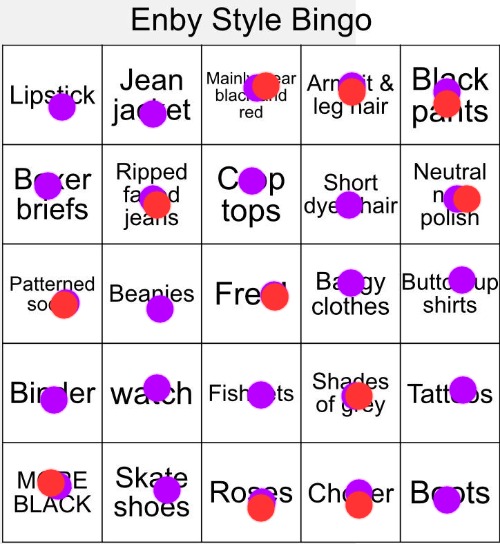 Red: I already have it.  Purble = I want it | image tagged in enby style bingo | made w/ Imgflip meme maker