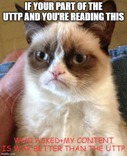 a message to the uttp | IF YOUR PART OF THE UTTP AND YOU'RE READING THIS; WHO ASKED+MY CONTENT IS WAY BETTER THAN THE UTTP | image tagged in memes,grumpy cat | made w/ Imgflip meme maker