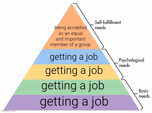 What a girl needs | being accepted as an equal and important member of a group; getting a job; getting a job; getting a job; getting a job | image tagged in maslow's hierarchy of needs | made w/ Imgflip meme maker