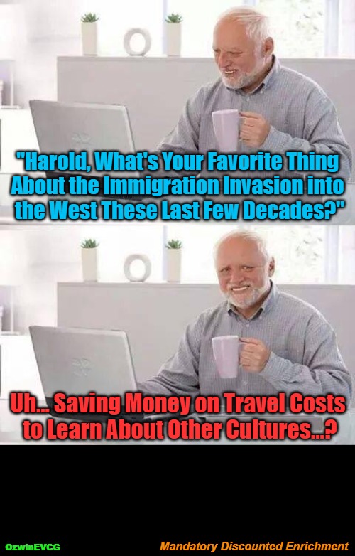 Mandatory Discounted Enrichment | "Harold, What's Your Favorite Thing 

About the Immigration Invasion into 

the West These Last Few Decades?"; Uh... Saving Money on Travel Costs 

to Learn About Other Cultures...? Mandatory Discounted Enrichment; OzwinEVCG | image tagged in memes,hide the pain harold,legal immigration,antiwhite planet,illegal immigration,western civilization | made w/ Imgflip meme maker
