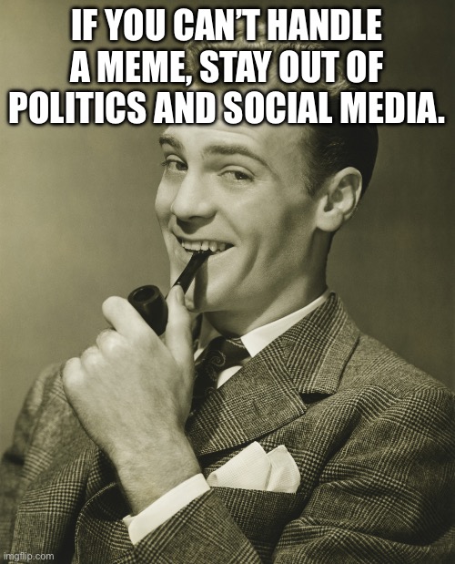 Smug | IF YOU CAN’T HANDLE A MEME, STAY OUT OF POLITICS AND SOCIAL MEDIA. | image tagged in smug | made w/ Imgflip meme maker