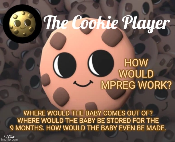 Important Questions | HOW WOULD MPREG WORK? WHERE WOULD THE BABY COMES OUT OF? WHERE WOULD THE BABY BE STORED FOR THE 9 MONTHS. HOW WOULD THE BABY EVEN BE MADE. | image tagged in the_cookie_player template,questions,funny,cursed,mpreg | made w/ Imgflip meme maker