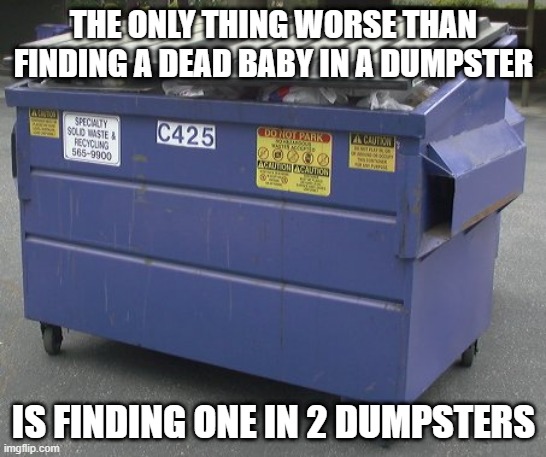 2 Dumpsters | THE ONLY THING WORSE THAN FINDING A DEAD BABY IN A DUMPSTER; IS FINDING ONE IN 2 DUMPSTERS | image tagged in dumpster | made w/ Imgflip meme maker