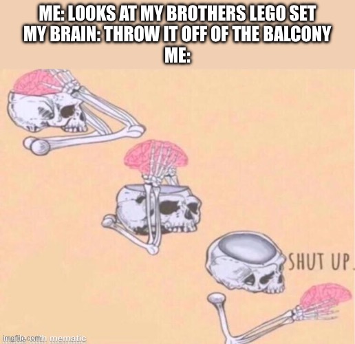 Stupid intrusive thoughts | ME: LOOKS AT MY BROTHERS LEGO SET
MY BRAIN: THROW IT OFF OF THE BALCONY
ME: | image tagged in skeleton shut up meme | made w/ Imgflip meme maker