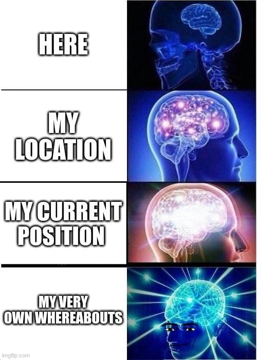 Writing A essay | HERE; MY LOCATION; MY CURRENT POSITION; MY VERY OWN WHEREABOUTS | image tagged in memes,expanding brain | made w/ Imgflip meme maker
