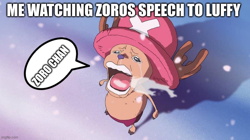 one piece | ME WATCHING ZOROS SPEECH TO LUFFY; ZORO CHAN | image tagged in crying chopper one piece | made w/ Imgflip meme maker