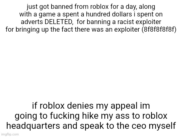 fuck you roblox mod system | just got banned from roblox for a day, along with a game a spent a hundred dollars i spent on adverts DELETED,  for banning a racist exploiter for bringing up the fact there was an exploiter (8f8f8f8f8f); if roblox denies my appeal im going to fucking hike my ass to roblox headquarters and speak to the ceo myself | made w/ Imgflip meme maker