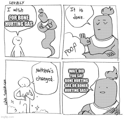 be careful on what you wish for | FOR BONE HURTING GAS; WAIT, DID YOU SAY BONE HURTING GAS OR BONER HURTING GAS? | image tagged in i wish genie nothing's changed,bone hurting juice | made w/ Imgflip meme maker