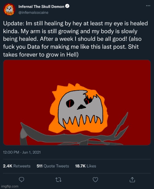 Yeahhh he's a lil pissed but hey at least he's healing. | image tagged in infernal,oc,injury update | made w/ Imgflip meme maker
