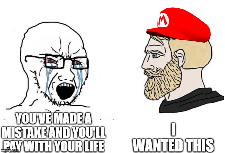 Soyboy Vs Yes Chad | YOU'VE MADE A MISTAKE AND YOU'LL PAY WITH YOUR LIFE I WANTED THIS | image tagged in soyboy vs yes chad | made w/ Imgflip meme maker