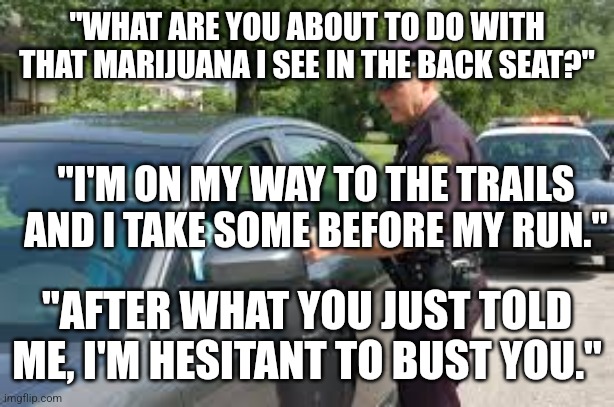 Traffic stop | "WHAT ARE YOU ABOUT TO DO WITH THAT MARIJUANA I SEE IN THE BACK SEAT?"; "I'M ON MY WAY TO THE TRAILS AND I TAKE SOME BEFORE MY RUN."; "AFTER WHAT YOU JUST TOLD ME, I'M HESITANT TO BUST YOU." | image tagged in traffic stop | made w/ Imgflip meme maker