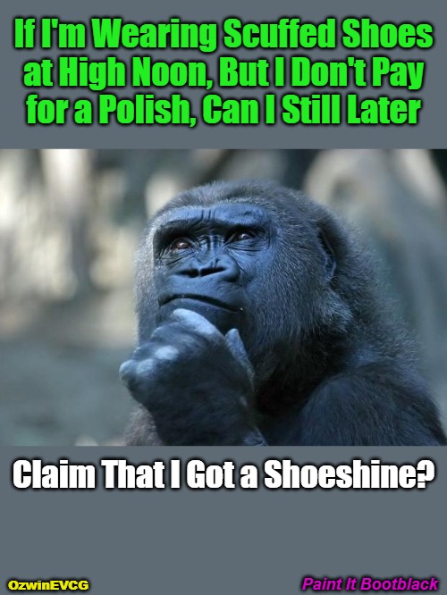 Paint It Bootblack | If I'm Wearing Scuffed Shoes 

at High Noon, But I Don't Pay 

for a Polish, Can I Still Later; Claim That I Got a Shoeshine? Paint It Bootblack; OzwinEVCG | image tagged in deep thoughts,memes,shoes,rolling stones,the sun,keeping it real | made w/ Imgflip meme maker