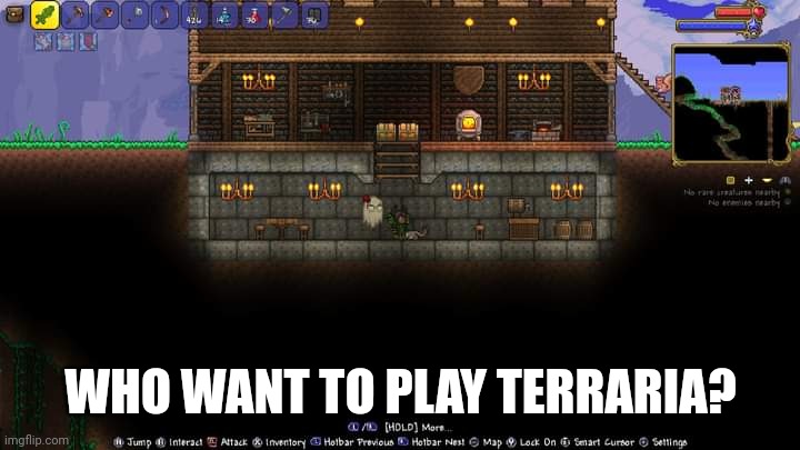 :} | WHO WANT TO PLAY TERRARIA? | image tagged in terraria,gaming,video games,nintendo switch,screenshot | made w/ Imgflip meme maker