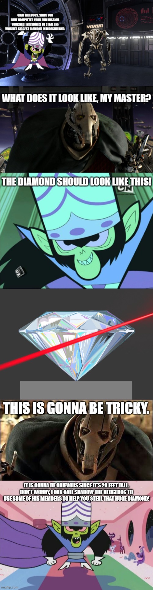 General Grievous' 3rd Mission is being Assigned to Steal the Biggest Diamond in Morshuland | THIS IS GONNA BE TRICKY. IT IS GONNA BE GRIEVOUS SINCE IT'S 20 FEET TALL.
DON'T WORRY, I CAN CALL SHADOW THE HEDGEHOG TO USE SOME OF HIS MEMBERS TO HELP YOU STEAL THAT HUGE DIAMOND! | image tagged in general grievous,mojo jojo | made w/ Imgflip meme maker