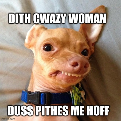 dog-teeth | DITH CWAZY WOMAN DUSS PITHES ME HOFF | image tagged in dog-teeth | made w/ Imgflip meme maker