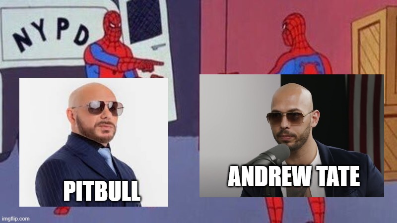 uncanny resemblance #2 | ANDREW TATE; PITBULL | image tagged in spiderman pointing at spiderman | made w/ Imgflip meme maker