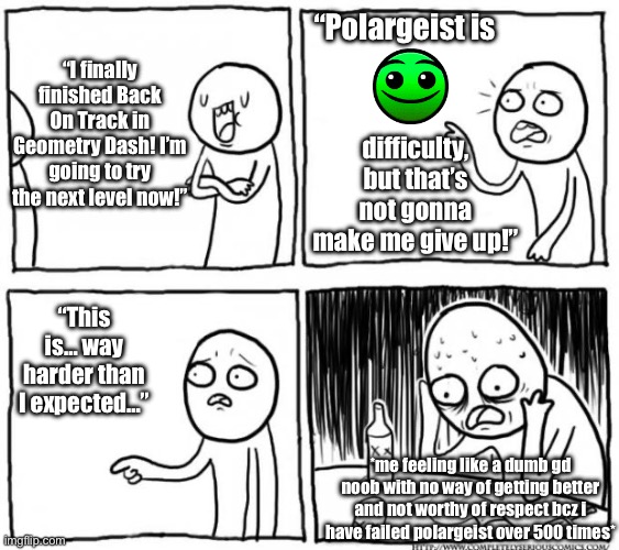 Yeah, I think I am truly a GD noob if I struggle with Back On Track and Polargeist | “Polargeist is; “I finally finished Back On Track in Geometry Dash! I’m going to try the next level now!”; difficulty, but that’s not gonna make me give up!”; “This is… way harder than I expected…”; *me feeling like a dumb gd noob with no way of getting better and not worthy of respect bcz i have failed polargeist over 500 times* | image tagged in overconfident alcoholic depression guy,geometry dash,noob | made w/ Imgflip meme maker