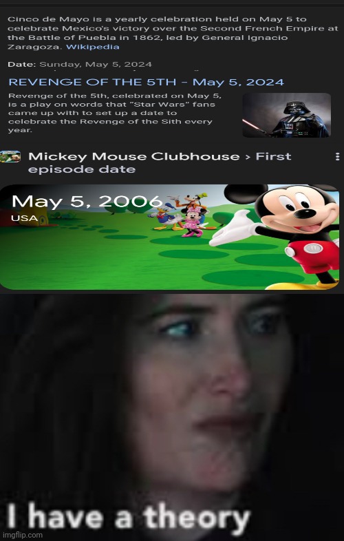 But hey, that's just a theory. A same day theory. | image tagged in i have a theory,cinco de mayo,revenge of the fifth,mickey mouse clubhouse,theory meme | made w/ Imgflip meme maker