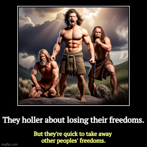 They holler about losing their freedoms. | But they're quick to take away 
other peoples' freedoms. | image tagged in funny,demotivationals,conservative hypocrisy,maga,hatred,misogyny | made w/ Imgflip demotivational maker