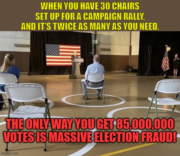 Get that idiot squatter out of our President's house! | WHEN YOU HAVE 30 CHAIRS SET UP FOR A CAMPAIGN RALLY, AND IT'S TWICE AS MANY AS YOU NEED, THE ONLY WAY YOU GET 85,000,000 VOTES IS MASSIVE ELECTION FRAUD! | image tagged in joe biden rally 2020 | made w/ Imgflip meme maker