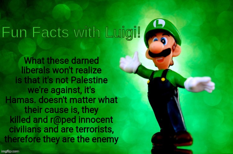 Fun Facts with Luigi | What these darned liberals won't realize is that it's not Palestine we're against, it's Hamas. doesn't matter what their cause is, they killed and r@ped innocent civilians and are terrorists, therefore they are the enemy | image tagged in fun facts with luigi,politics | made w/ Imgflip meme maker