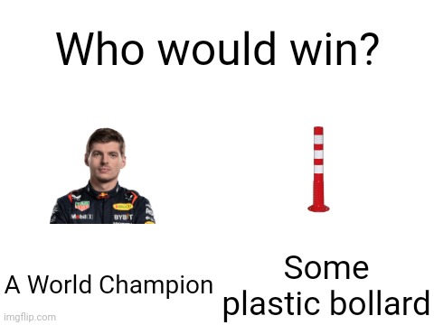 Blank White Template | Who would win? A World Champion; Some plastic bollard | image tagged in blank white template,formula 1,miami,max,racing,open-wheel racing | made w/ Imgflip meme maker